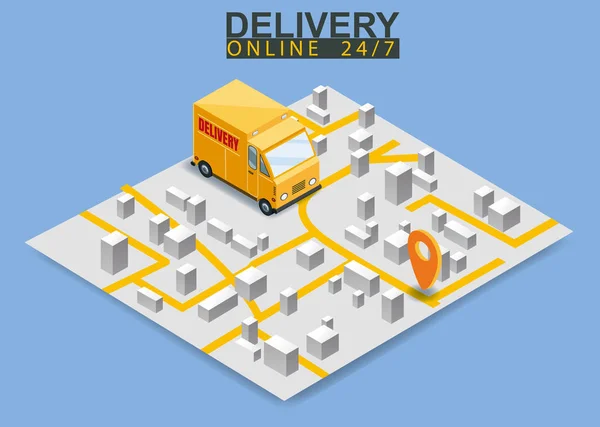 Isometric delivery truck concept. Map city logstics online shopping ecommerce concept isometric. Vector isolated background — Stock Vector