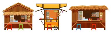 Set Warung street food cafe restaurant small family owned busines, store shop. Vector isolated cartoon style clipart