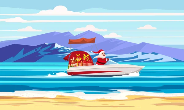 Merry Christmas Santa Claus on speed boat on ocean sea tropical island mountains seaside. Vector illustration isolated cartoon style — Stock Vector
