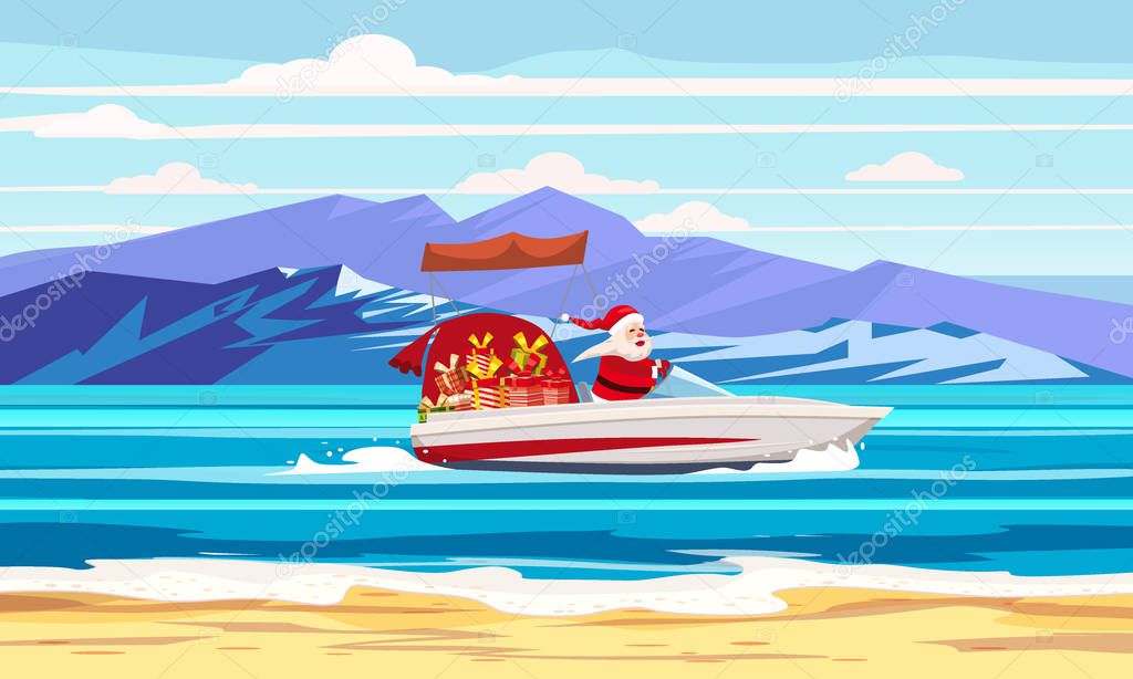 Merry Christmas Santa Claus on speed boat on ocean sea tropical island mountains seaside. Vector illustration isolated cartoon style