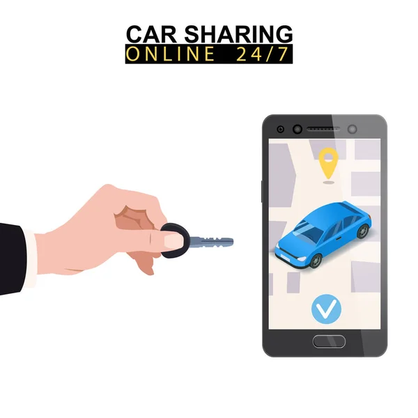Κοινή χρήση αυτοκινήτων ισομετρική. Hand κρατήσει το κλειδί οθόνη smartphone με τη διαδρομή χάρτη της πόλης και σημεία τοποθεσία μπλε αυτοκίνητο. Online υπηρεσία εντολών εφαρμογής για κινητά. Εικονογράφηση διάνυσμα για την υπηρεσία κοινής χρήσης αυτοκινήτων — Διανυσματικό Αρχείο