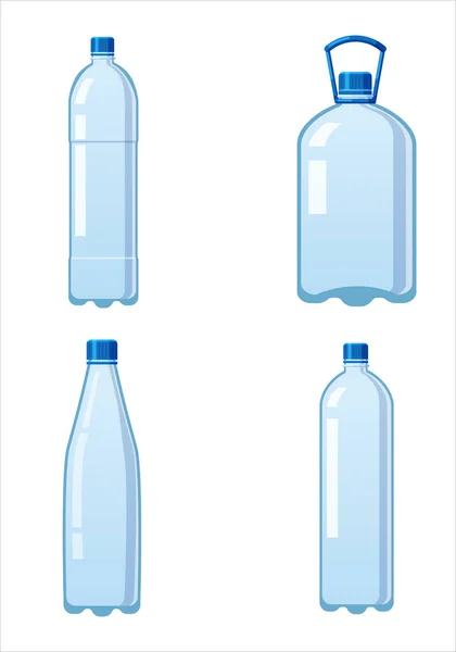 Set plastic waterflessen icoon lege vloeibare container drank met schroefdop voor drank drinken mineraalwater. Mockup template, vector cartoon stijl illustratie geïsoleerd op witte achtergrond — Stockvector