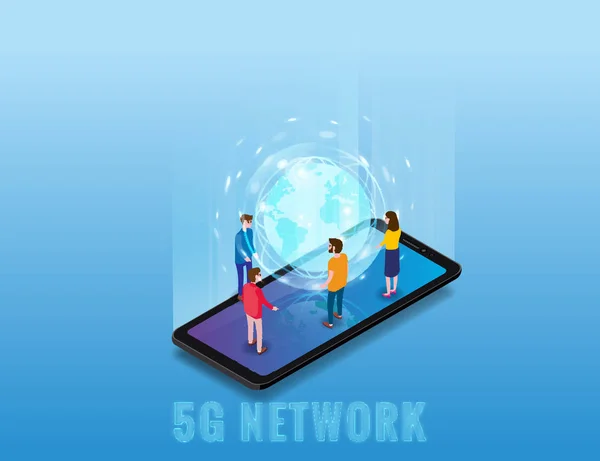 Isometrische 5g netwerk draadloze technologie template. Isometrische smartphone met aardeplaneet en kleine mensen. Vijfde innovatieve generatie van het wereldwijde hogesnelheidsnetwerk. Vectorconcept — Stockvector