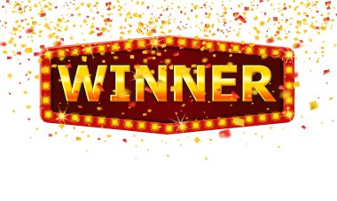 Kazanan çerçeveli parlak afiş, parlak lambalar ve altın konfeti kurdeleleri. Piyango pokeri, kartlar, rulet oyunu ikramiyesi retro vintage. Vektör illüstrasyonu izole edildi.