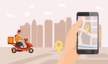 Teslimat mobilet servisi. Paket sevkiyat takip haritası için el bilgisayarı uygulaması. 24-7 teslimat motosikleti. Reklam tasarımı şablonu için vektör illüstrasyon lojistik posteri