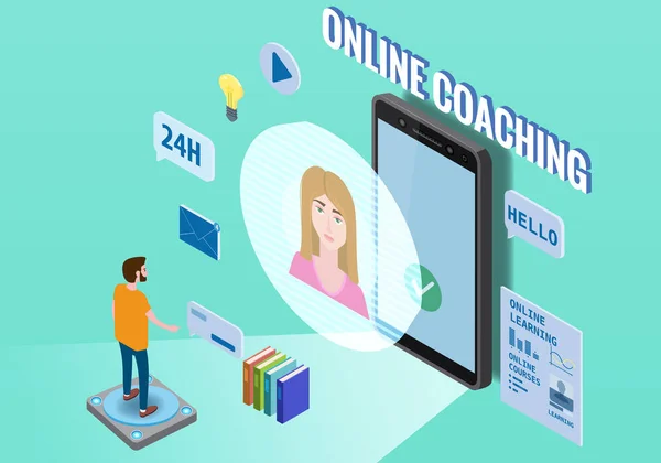 Online coaching onderwijs training, workshops en cursussen. Vlak 3d isometrische ontwerp. Studenten studeren, met smartphone, stapel boeken icoon set en mentor masterclass. Vectorillustratie geïsoleerd — Stockvector