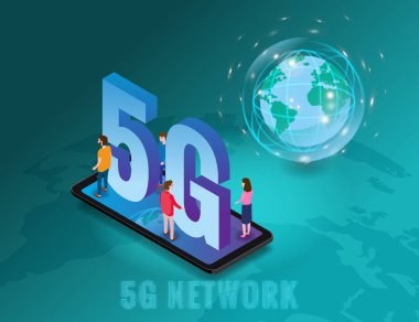 Isometric 5G kablosuz ağ şablonu. Dünya gezegeninin 5 G harfli akıllı telefonu ve küçük insanlar. Küresel yüksek hızlı internet ağının beşinci yenilikçi nesli. Vektör