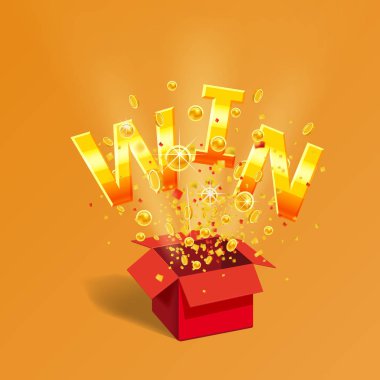 Open red Gift box WIN gold text with coins and confetti explosion inside. Flying particles foil burst. Lottery drawing advertising banner poster template. Vector illustration isolated clipart