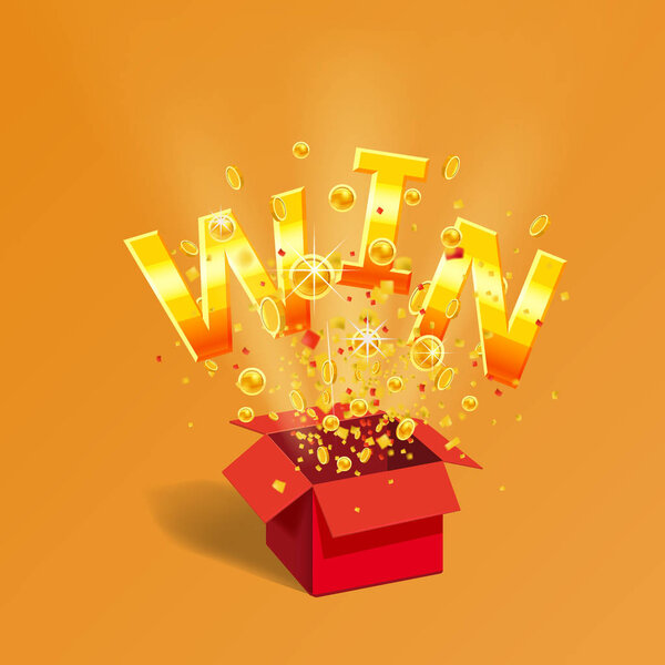 Откройте красную коробку подарков WIN золотой текст с монетами и конфетти взрыв внутри. Взрывается фольга летающих частиц. Лотерея рисует рекламный баннер. Векторная иллюстрация
