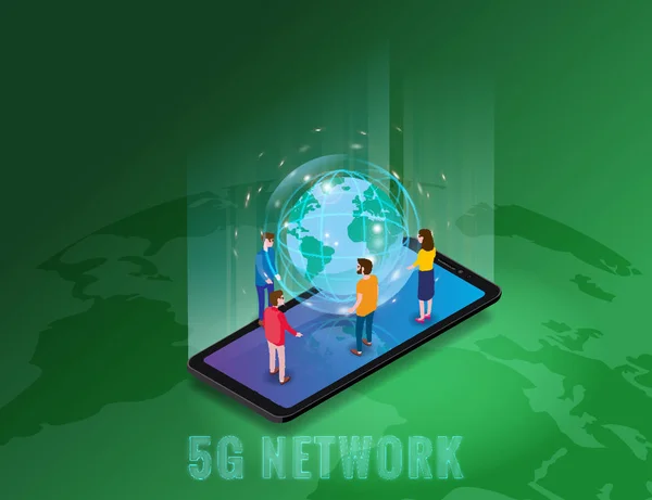 Isometryczny szablon technologii bezprzewodowej 5g. Isometryczny smartfon z Ziemską planetą i malutkimi ludźmi. Piąta innowacyjna generacja globalnej sieci szybkiego Internetu. Koncepcja wektora — Wektor stockowy