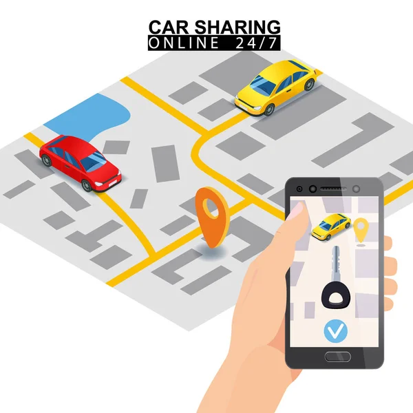 Carsharing ist isometrisch. Hand halten Smartphone-Bildschirm mit Stadtplan Routenschlüssel und Punkte Standort Auto. Online-Bestellservice für mobile Anwendungen. Vektor-Illustration für Werbung für Carsharing-Dienste — Stockvektor