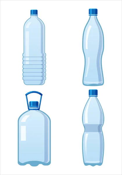 Set plastic waterflessen icoon lege vloeibare container drank met schroefdop voor drank drinken mineraalwater. Mockup template, vector cartoon stijl illustratie geïsoleerd op witte achtergrond — Stockvector