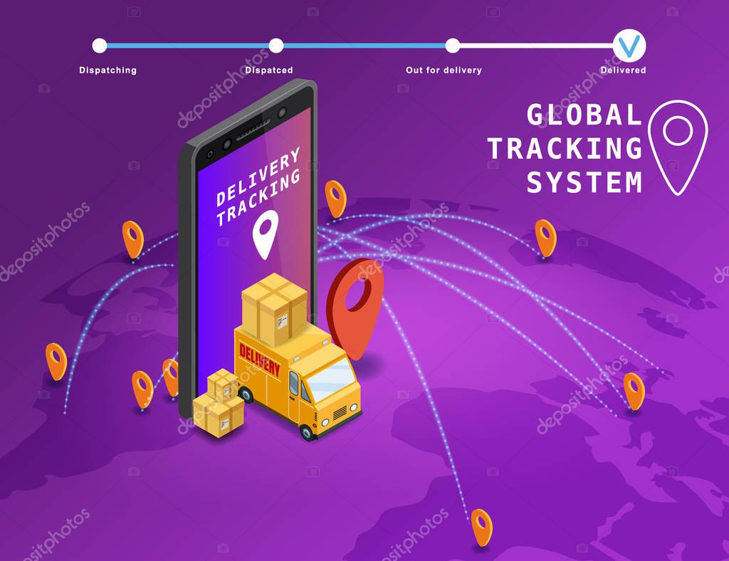 Global tracking system Delivery service online isometric design with smartphone, truck, boxes on map Earth