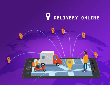 Dünya haritasında akıllı telefon, kullanıcı, işaretleyici, kamyonet ve scooter ile küresel takip sistemi izometrik tasarım hizmeti. GPS, akıllı lojistik ve ulaşım konsepti. Vektör