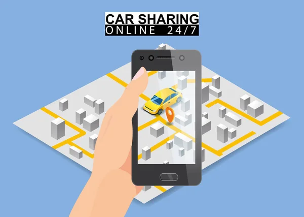 Carsharing ist isometrisch. Hand halten Smartphone-Bildschirm mit Stadtplan Route und Punkte Standort gelben Auto. Online-Bestellservice für mobile Anwendungen. Vektor-Illustration für Carsharing-Service — Stockvektor