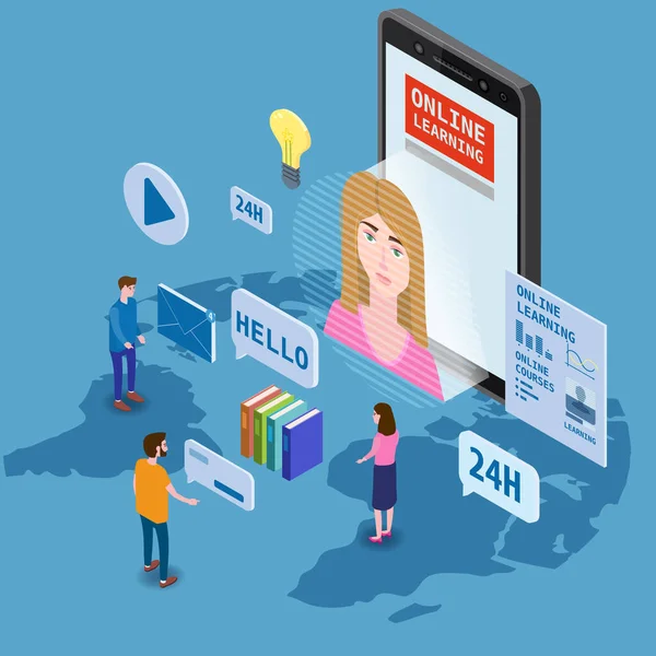 Online education training coaching, workshops and courses. Flat 3d isometric design. Students studying, with smartphone, pile of books icon set and mentor masterclass. Vector illustration isolated — Free Stock Photo