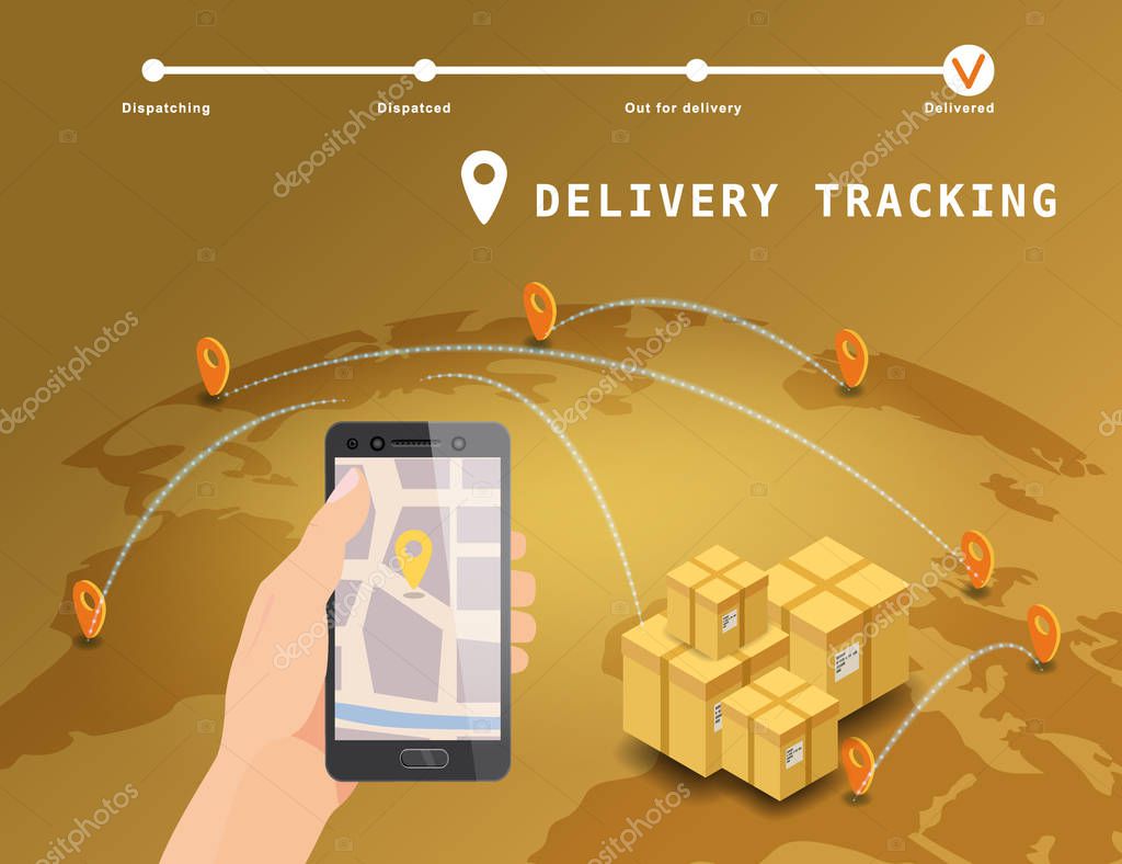 Delivery Global tracking system service online isometric design with markers cargo boxes on map Earth
