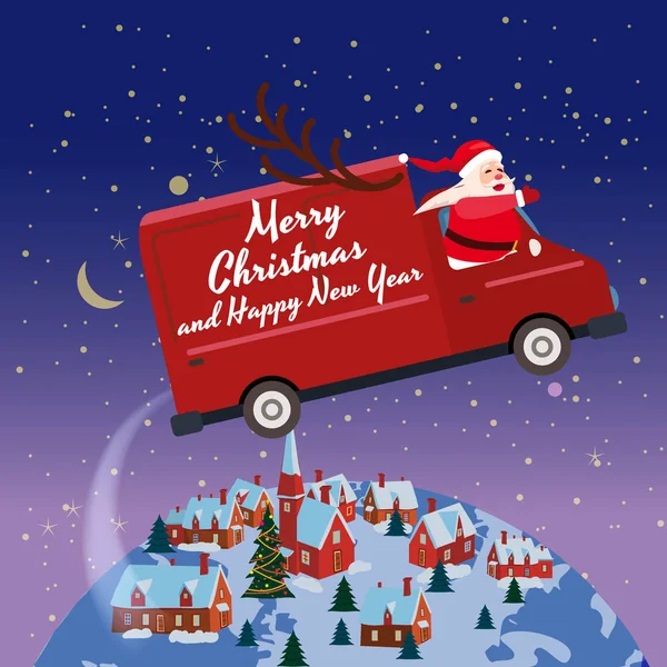 Merry Chrismas Santa Claus Van flies through the night sky above the Earth winter town delivering gifts. Flat cartoon style vector illustration greeting card poster banner — Stock Vector