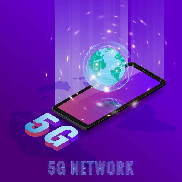 5g internet nowe bezprzewodowe połączenie bezprzewodowe. Isometryczny smartfon z Ziemskimi literami planety 5g. Piąta innowacyjna generacja globalnej sieci szybkiego Internetu. Koncepcja wektora — Wektor stockowy