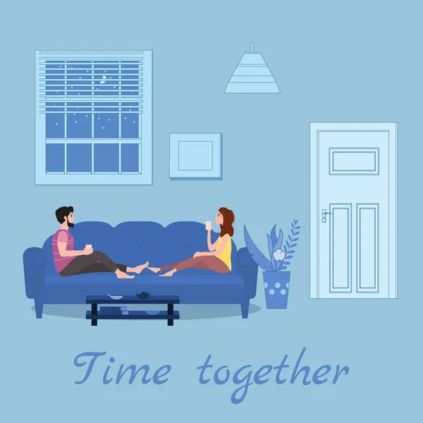Sevimli bir çift kanepede oturmuş çay ya da içki içiyor ve evde birlikte yemek yiyorlar. Sevimli mutlu çiftin günlük hayatı. Erkek kadın karakterler. Vektör illüstrasyon düz çizgi film — Stok Vektör
