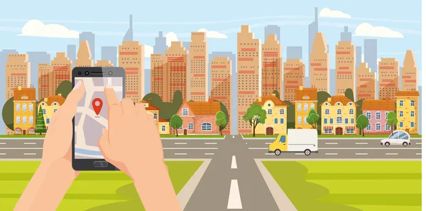 Levering online service. Handhold smartphone applicatie voor pakketverzending tracking map. 24 7 levering vrachtwagen van cityscape achtergrond. Vector illustratie logistiek poster voor reclame ontwerp — Stockvector