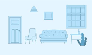 Oturma odasının modern iç mekanı. Pencereli daireler, rahat mobilya masası, lamba, resim, çiçekler. Vektör illüstrasyonu izole edilmiş şablon