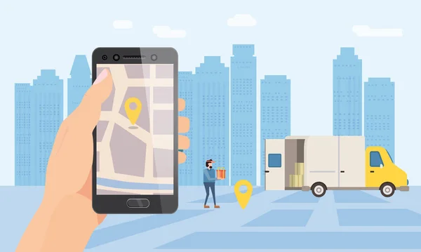 배달 트럭 서비스. 소포 선적 추적 지도를 위한 스마트폰 앱을 보유하고 있습니다. 24 개 역을 관할 한다. 광고 디자인 템플릿을 위한 벡터 삽화 물류 포스터 — 스톡 벡터