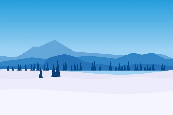 冬の日の風景山の森の湖の川の氷を凍結した。松の木雪氷と丘。ベクトルイラスト孤立漫画フラットスタイル — ストックベクタ