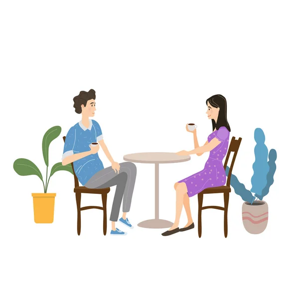 Masada oturan, çay ya da kahve içen ve açık hava kafede sohbet eden sevimli bir çift. Genç bir adam ve kadın romantik bir ilişki. Erkek kadın karakterler. Vektör illüstrasyon düz çizgi film — Stok Vektör
