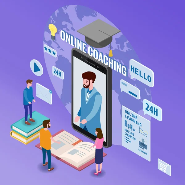 Online coaching onderwijs training, workshops en cursussen. Vlak 3d isometrische ontwerp. Studenten studeren, met smartphone, stapel boeken icoon set en mentor masterclass. Vectorillustratie geïsoleerd — Stockvector