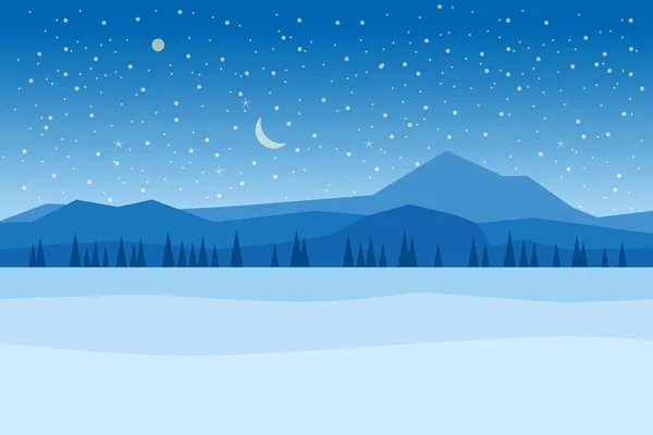 Winter Nacht Landschaft Berge Wald frosen See Fluss Eis. Kiefern schneebedeckt Eis und Hügel. Vektor Illustration isoliert Cartoon flachen Stil — Stockvektor