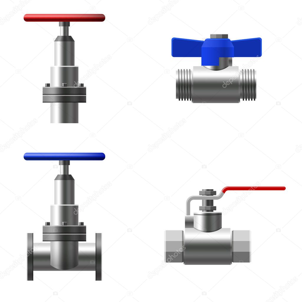 Set valves ball, fittings, pipes of metal piping system. Different types valves water, oil, gas pipeline, pipes sewage. Construction and industrial pressure technology plumbing. Vector illustration
