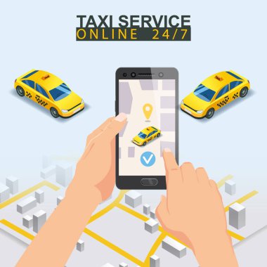 Taksi servisi izometrik. Taksi mobil uygulama şablonu ayarlandı. Şehir haritası güzergahlı akıllı telefon ve konum sarı araba. Çevrimiçi mobil uygulama taksi servisi. Taksi servisi için vektör illüstrasyonu