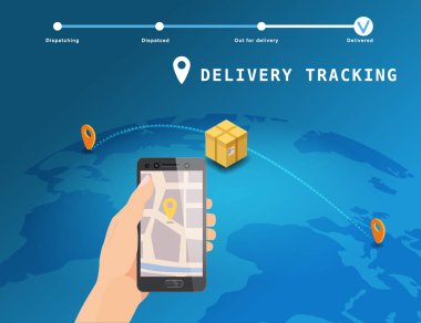 Dünya haritasında işaretleyici kargo kutusuyla birlikte Global izleme sistemi çevrimiçi izometrik tasarım. GPS navigasyon uygulaması olan el kameralı akıllı telefon. Akıllı lojistik ve ulaşım kavramı