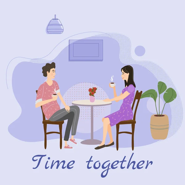 テーブルに座って、お茶やコーヒーを飲んで、カフェを話すかわいいカップル。若い男と女のロマンチックな関係。男性女性キャラクター。ベクトルイラストフラット漫画 — ストックベクタ