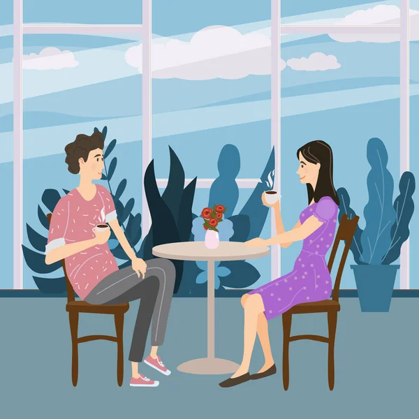 Linda pareja sentada en la mesa, tomando té o café y hablando de café. Hombre y mujer joven relación romántica. Personajes femeninos. Ilustración vectorial dibujos animados planos — Archivo Imágenes Vectoriales