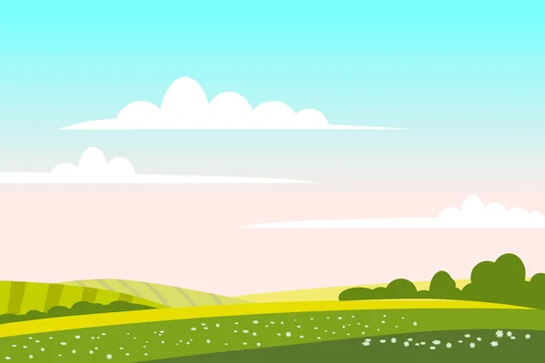Kırsal alan yeşil tepe. Panorama Doğa Alanı mavi gökyüzü güneş kırsalını bulutlandırır. Yeşil ağaç ve çimler kırsal alanda. Düz çizgi film trend biçim vektör çizimi — Stok Vektör