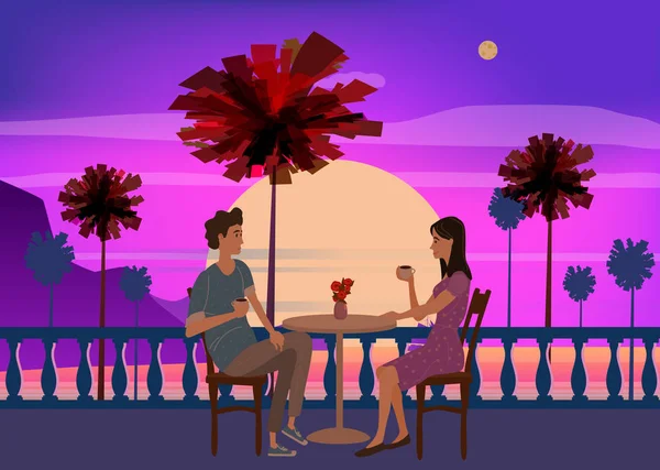 テーブルに座って、お茶やコーヒーを飲んで、オープンエアのカフェ日没の海の海で話してかわいいカップル。若い男と女のロマンチックな関係。男性女性キャラクター。ベクトルイラストフラット漫画 — ストックベクタ