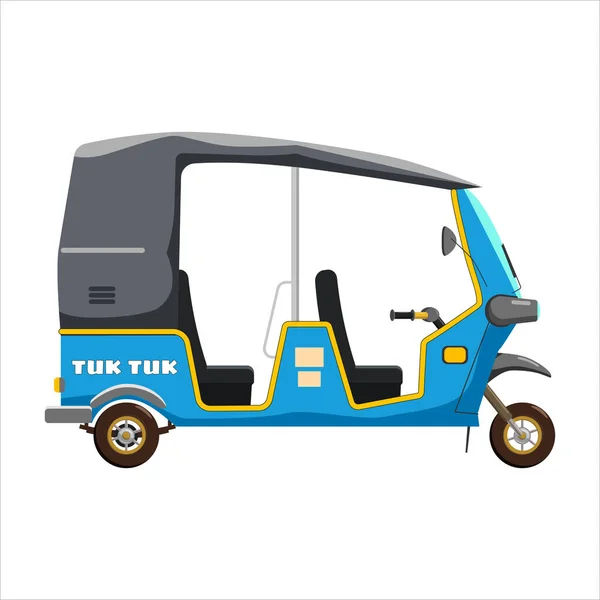 Tuk Tuk asiático auto rickshaw triciclo de tres ruedas azul. Tailandia, países indios baby taxi. Ilustración vectorial estilo de dibujos animados aislados — Archivo Imágenes Vectoriales