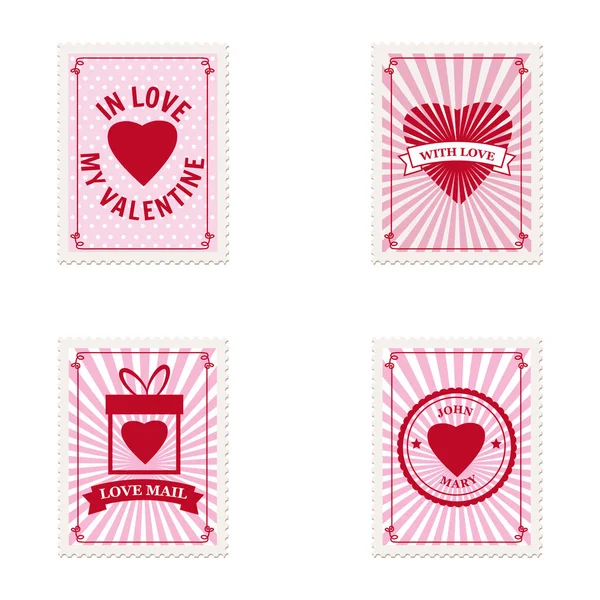 Set Valentine 's dia selos postais, coleção para cartão postal, envelope de correio. Corações, retro, vintage, vetor, isolado — Vetor de Stock