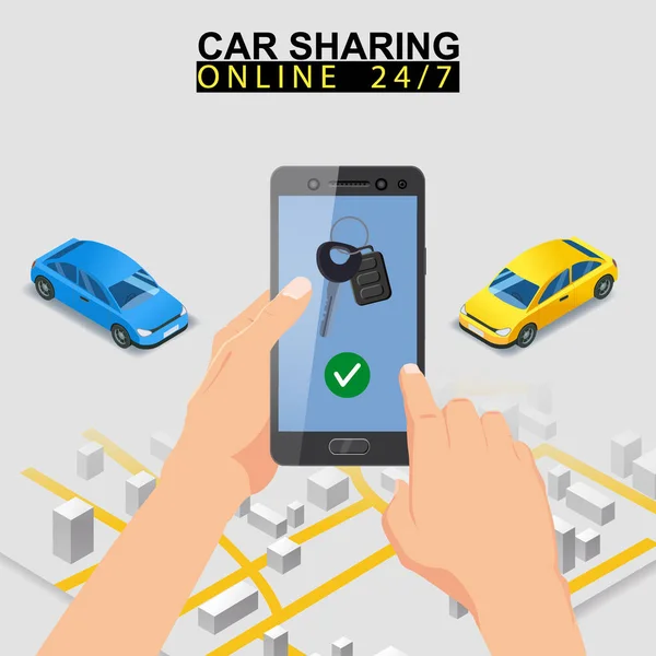 Carsharing ist isometrisch. Smartphone-Bildschirm mit Stadtplan-Route und Zielort-Auto. Online-Bestellservice für mobile Anwendungen. Vektor-Illustration für Werbung für Carsharing-Dienste, Promotion — Stockvektor