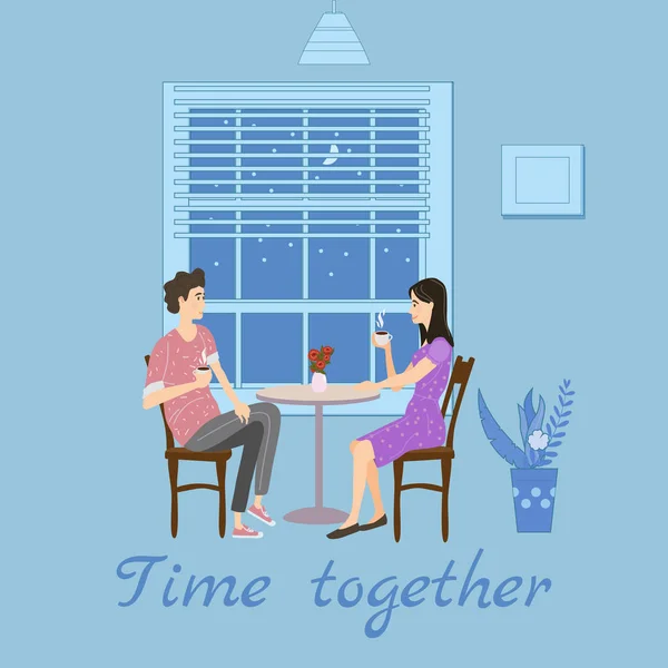 Linda pareja sentada en la mesa, tomando té o café y hablando de café. Hombre y mujer joven relación romántica. Personajes femeninos. Ilustración vectorial dibujos animados planos — Archivo Imágenes Vectoriales