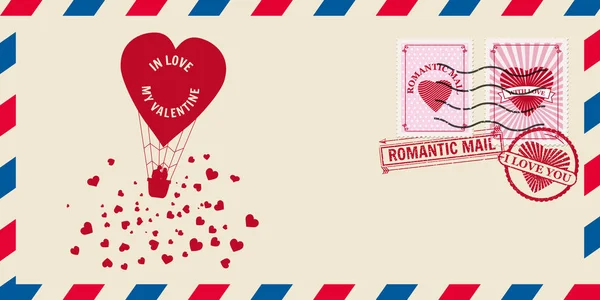 Sobre de correo para el día de San Valentín con globo en forma de corazón con baja, sello postal. Plantilla vector ilustración aislado — Archivo Imágenes Vectoriales
