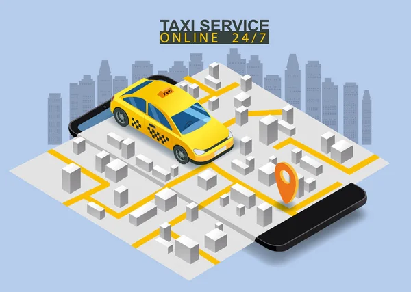 Taxidienst isometrisch. Smartphone mit Stadtplan Route und Punkte Standort gelbes Auto. Taxi-App auf dem Display. Online mobile Anwendung bestellen Taxi-Service. Vektor-Illustration für Taxidienst — Stockvektor