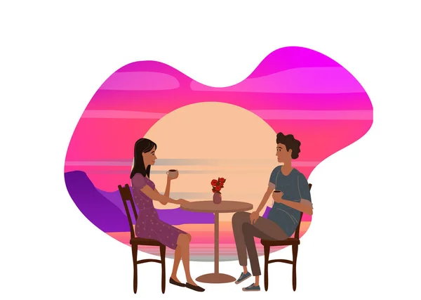 Linda pareja sentada en la mesa, tomando té o café y hablando en la cafetería al aire libre puesta de sol mar océano. Hombre y mujer joven relación romántica. Personajes femeninos. Ilustración vectorial dibujos animados planos — Archivo Imágenes Vectoriales
