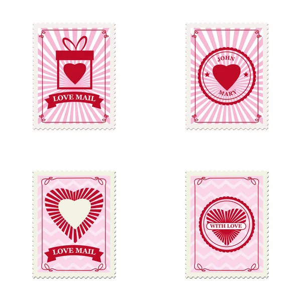 Set Valentine 's dia selos postais, coleção para cartão postal, envelope de correio. Corações, retro, vintage, vetor, isolado —  Vetores de Stock