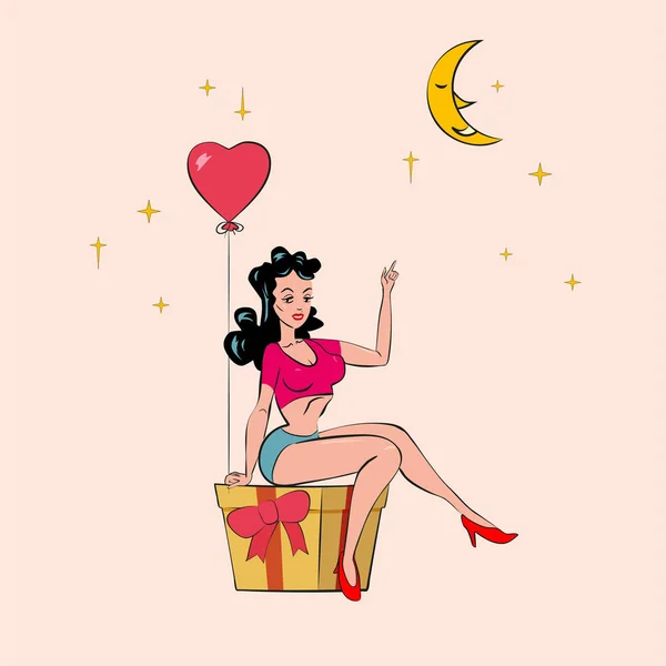 Sexy Pin-up γυναίκα κάθεται σε ένα κουτί δώρου με κρατά μια φουσκωτή καρδιά και δείχνει ένα δάχτυλο στο φεγγάρι. Διάνυσμα σε ρετρό κόμικ στυλ απομονωμένη εικόνα — Διανυσματικό Αρχείο
