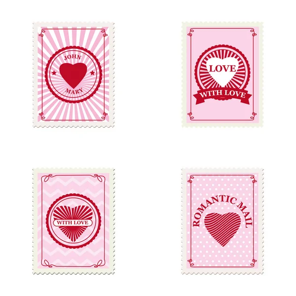 Imposta francobolli di San Valentino, raccolta cartoline, busta postale. Cuori, retrò, vintage, vettore, isolato — Vettoriale Stock