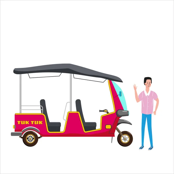 Tuk Tuk asiático auto rickshaw triciclo de tres ruedas con conductor local. Tailandia, países indios baby taxi. Ilustración vectorial estilo de dibujos animados aislados — Archivo Imágenes Vectoriales