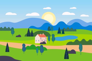 Yaz kırsal tarım manzarası yeşil tepe. Kır evleri, dağlar, mavi gökyüzü, kırsal kesimde güneş bulutları. Yeşil ağaç ve çimler kırsal alanda. Düz çizgi film trend biçim vektör çizimi